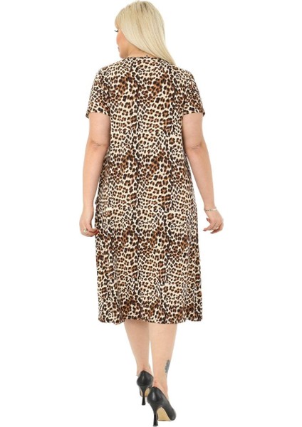 Butik Küçük Leopar Desen Cepli Kısa Kol Kadın Midi Elbise indirimleri