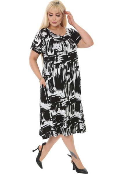 Butik Siyah Fırça Desen Cepli Kısa Kol Kadın Midi Elbise modelleri