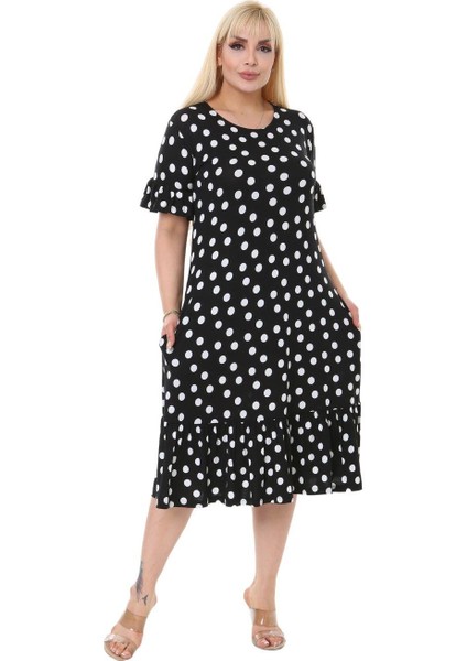 Butik Puantiye Desen Cepli Fırfırlı Kısa Kol Kadın Midi Elbise