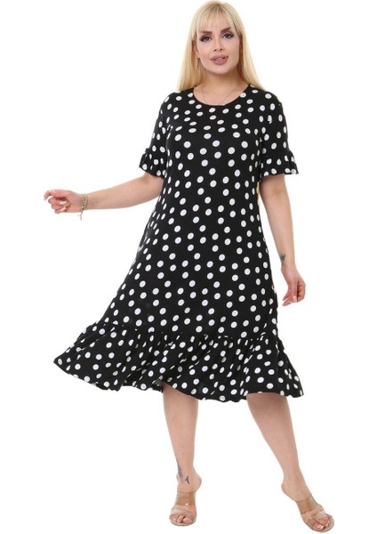 Butik Puantiye Desen Cepli Fırfırlı Kısa Kol Kadın Midi Elbise fiyatları