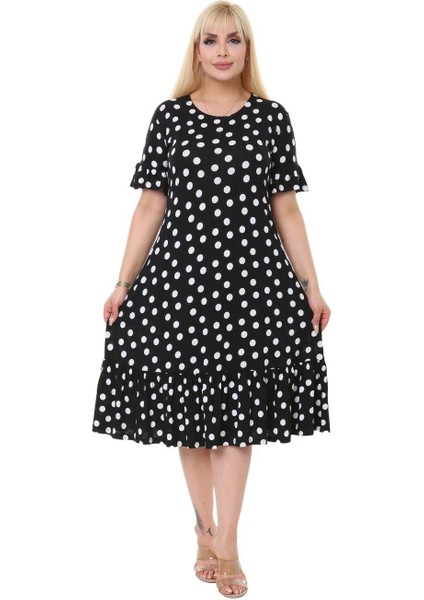 Butik Puantiye Desen Cepli Fırfırlı Kısa Kol Kadın Midi Elbise modelleri