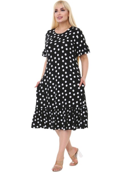 Butik Puantiye Desen Cepli Fırfırlı Kısa Kol Kadın Midi Elbise fırsatları