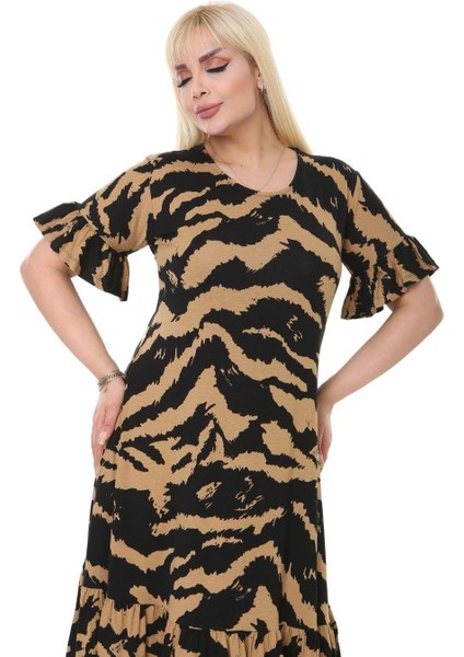 Butik Vizon Zebra Cepli Fırfırlı Kısa Kol Kadın Midi Elbise
