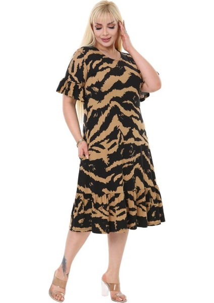Butik Vizon Zebra Cepli Fırfırlı Kısa Kol Kadın Midi Elbise