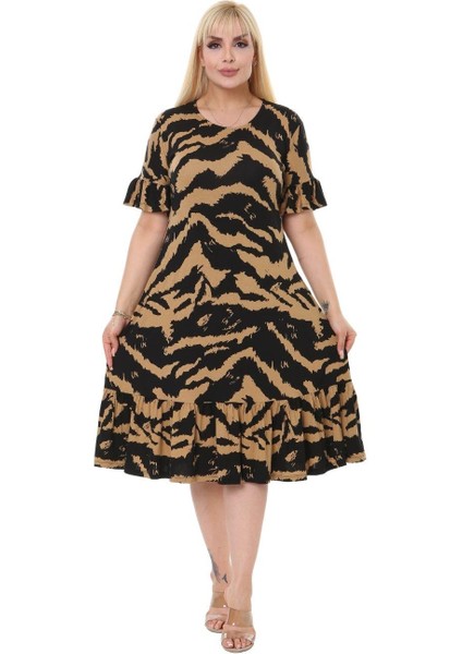 Butik Vizon Zebra Cepli Fırfırlı Kısa Kol Kadın Midi Elbise