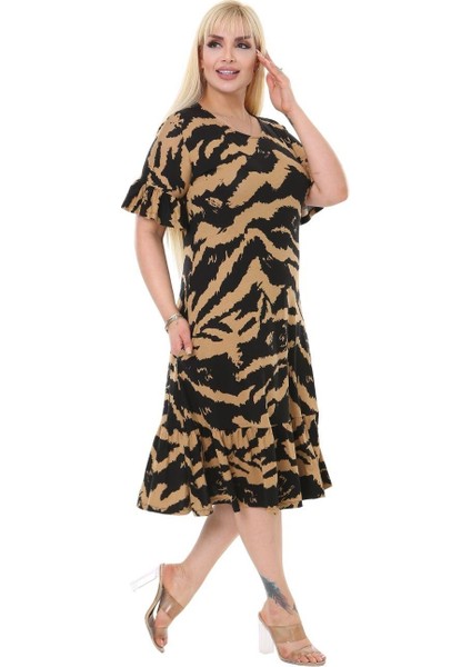 Butik Vizon Zebra Cepli Fırfırlı Kısa Kol Kadın Midi Elbise