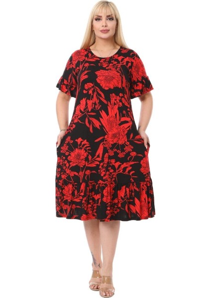 Butik Kırmızı Palmiye Fırfırlı Kısa Kollu Kadın Midi Elbise