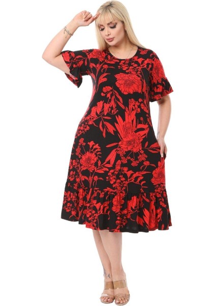 Butik Kırmızı Palmiye Fırfırlı Kısa Kollu Kadın Midi Elbise modelleri