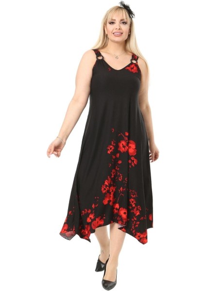 Butik Gelincik Desen Askılı V Yaka Uzun Elbise