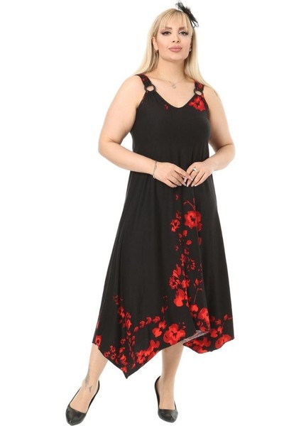 Butik Gelincik Desen Askılı V Yaka Uzun Elbise modelleri