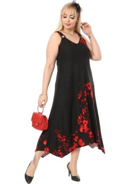 Butik Gelincik Desen Askılı V Yaka Uzun Elbise fırsatları