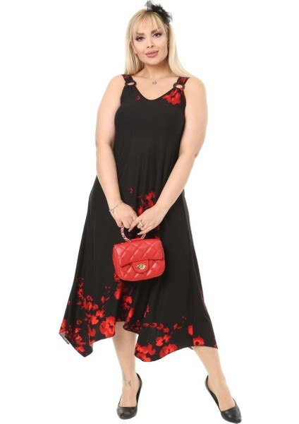 Butik Gelincik Desen Askılı V Yaka Uzun Elbise indirimleri