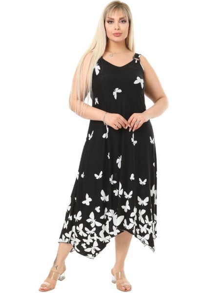 Butik Kelebek Desen Askılı V Yaka Uzun Elbise