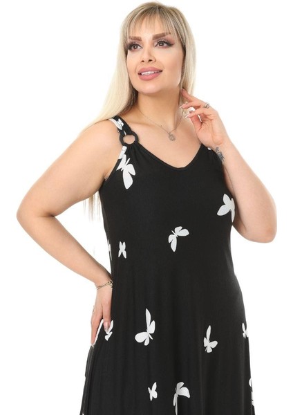 Butik Kelebek Desen Askılı V Yaka Uzun Elbise