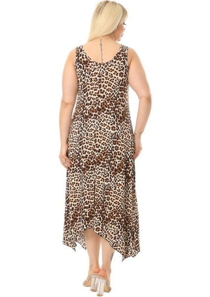 Butik Küçük Leopar Desen Askılı V Yaka Uzun Elbise modelleri
