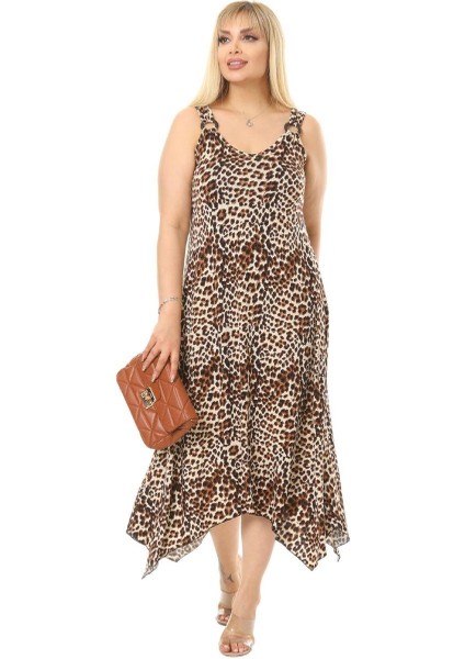 Butik Küçük Leopar Desen Askılı V Yaka Uzun Elbise indirimleri