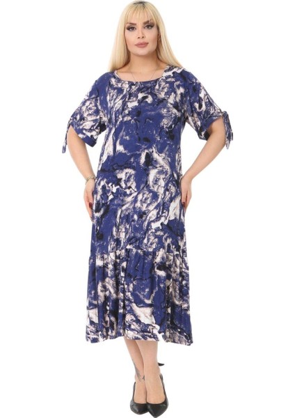 Butik Mavi Batık Desen Bağlamalı Kısa Kollu Kadın Midi Elbise