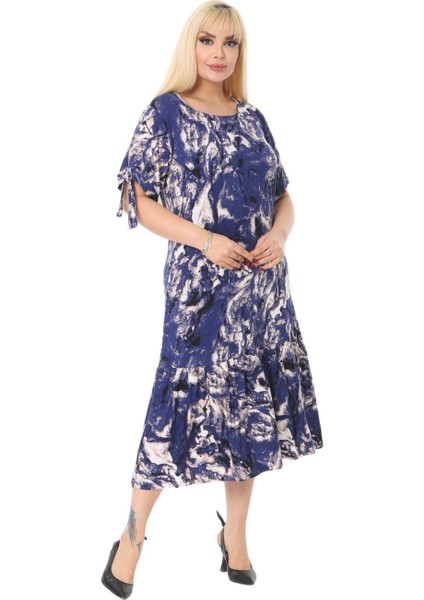 Butik Mavi Batık Desen Bağlamalı Kısa Kollu Kadın Midi Elbise