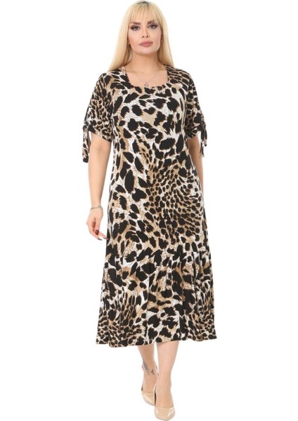 Butik Kaplan Desen Bağlamalı Kısa Kollu Kadın Midi Elbise