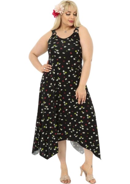 Butik Siyah Papatya Desen Askılı V Yaka Uzun Elbise