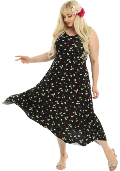 Butik Siyah Papatya Desen Askılı V Yaka Uzun Elbise fiyatları