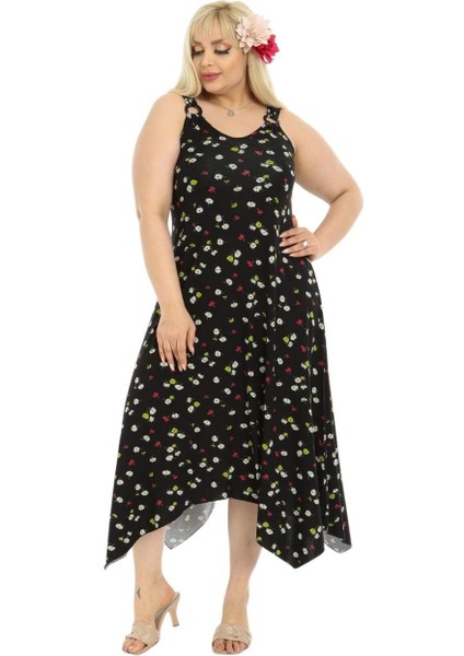 Butik Siyah Papatya Desen Askılı V Yaka Uzun Elbise modelleri