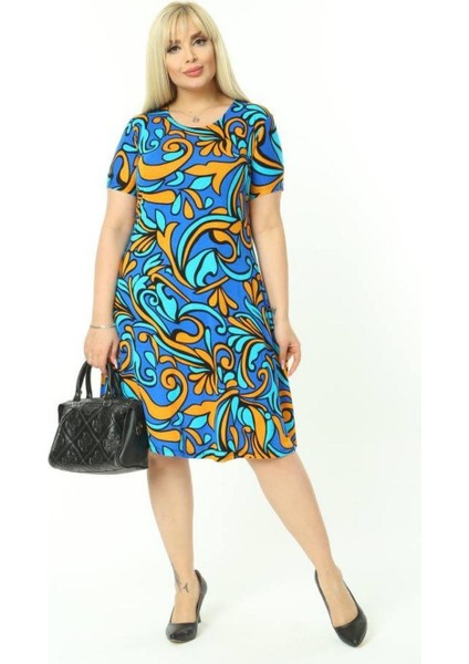 Butik Turkuaz Desen Kısa Kollu Büyük Beden Midi Elbise