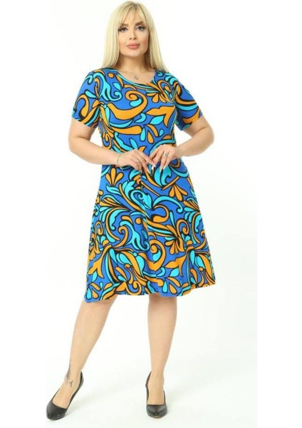 Butik Turkuaz Desen Kısa Kollu Büyük Beden Midi Elbise fiyatları