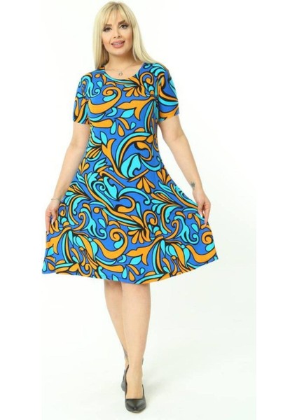 Butik Turkuaz Desen Kısa Kollu Büyük Beden Midi Elbise modelleri