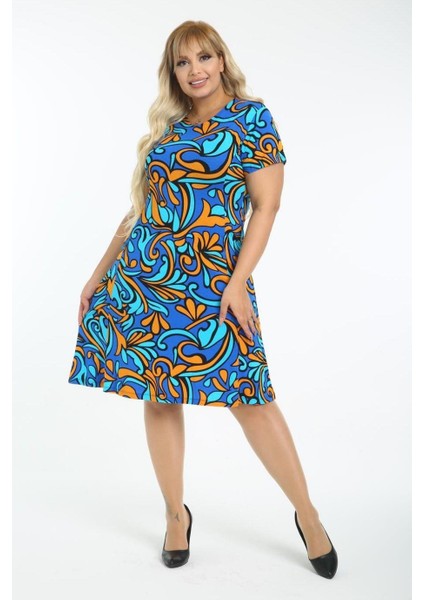 Butik Turkuaz Desen Kısa Kollu Büyük Beden Midi Elbise fırsatları