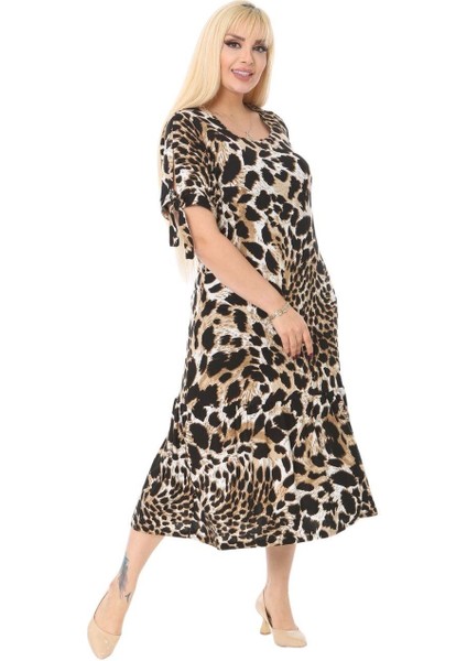 Butik Kaplan Desen Bağlamalı Kısa Kollu Kadın Midi Elbise modelleri