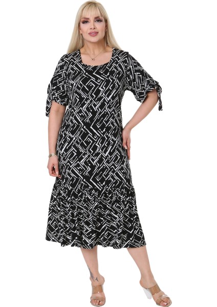 Butik Zigzag Çizgili Bağlamalı Kısa Kollu Kadın Midi Elbise