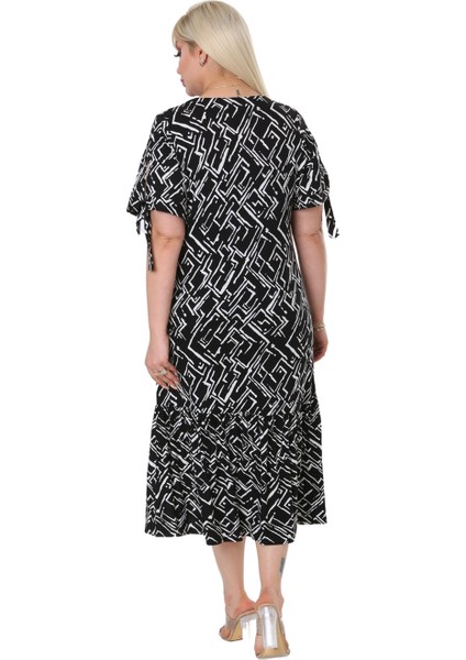 Butik Zigzag Çizgili Bağlamalı Kısa Kollu Kadın Midi Elbise modelleri