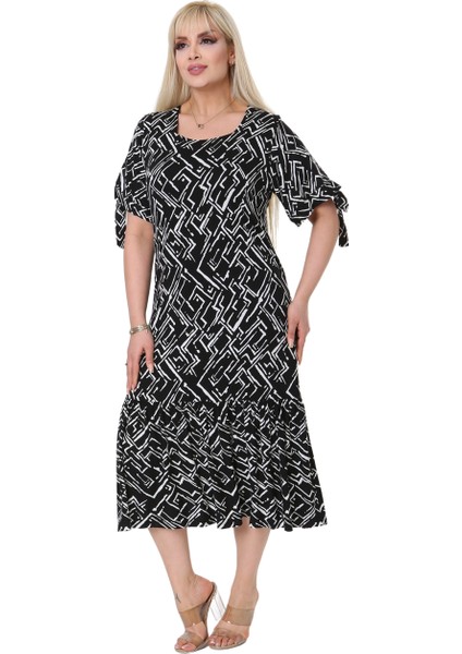 Butik Zigzag Çizgili Bağlamalı Kısa Kollu Kadın Midi Elbise fırsatları