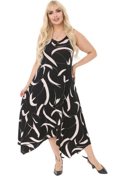 Butik Siyah Tüy Desen Askılı V Yaka Uzun Elbise