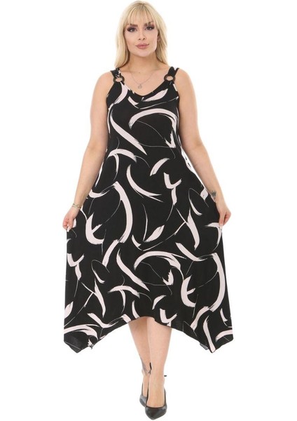 Butik Siyah Tüy Desen Askılı V Yaka Uzun Elbise