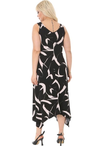 Butik Siyah Tüy Desen Askılı V Yaka Uzun Elbise