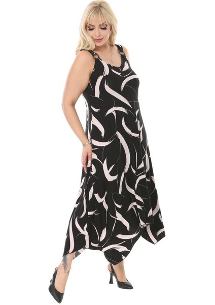 Butik Siyah Tüy Desen Askılı V Yaka Uzun Elbise