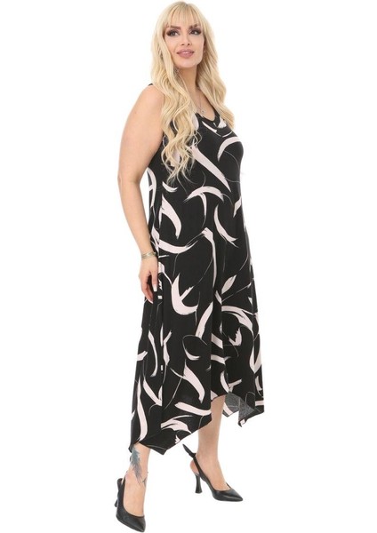 Butik Siyah Tüy Desen Askılı V Yaka Uzun Elbise
