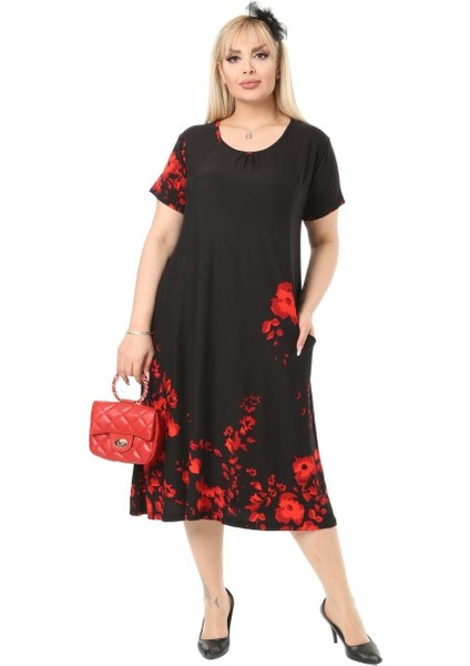 Butik Gelincik Desen Cepli Kısa Kol Kadın Midi Elbise