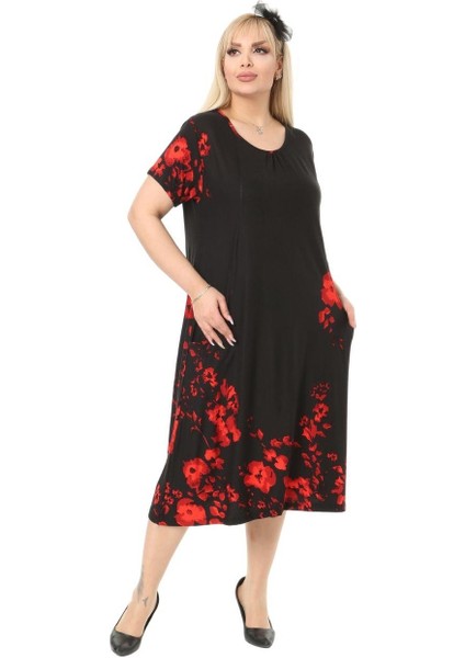 Butik Gelincik Desen Cepli Kısa Kol Kadın Midi Elbise modelleri