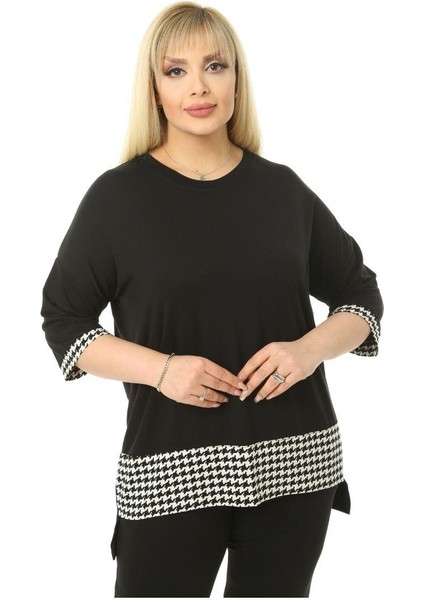 Butik Siyah Kazayağı Şeritli Büyük Beden Kadın Kapri Takımı indirimleri