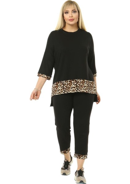 Butik Siyah Leopar Şeritli Büyük Beden Kadın Kapri Takımı fiyatları