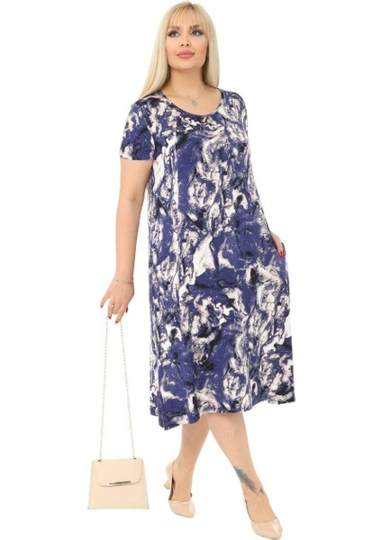 Butik Mavi Batik Kuplu Cepli Kısa Kol Kadın Midi Elbise