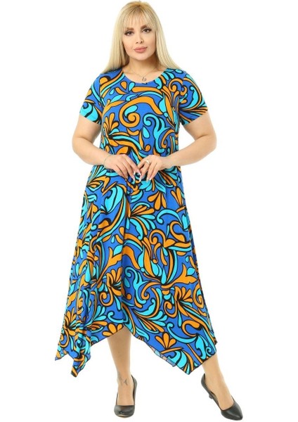 Butik Turkuaz Desen Asimetrik Kısa Kollu Uzun Elbise