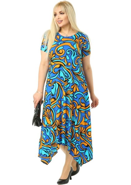 Butik Turkuaz Desen Asimetrik Kısa Kollu Uzun Elbise fiyatları