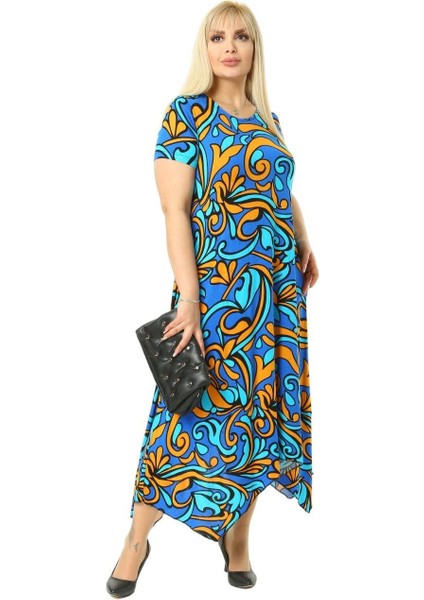 Butik Turkuaz Desen Asimetrik Kısa Kollu Uzun Elbise modelleri