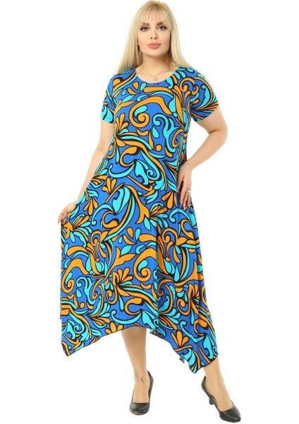 Butik Turkuaz Desen Asimetrik Kısa Kollu Uzun Elbise fırsatları