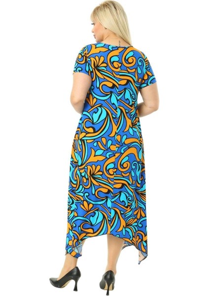 Butik Turkuaz Desen Asimetrik Kısa Kollu Uzun Elbise indirimleri