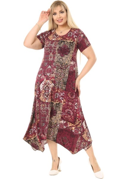 Butik Bordo Etnik Desen Asimetrik Kısa Kollu Uzun Elbise